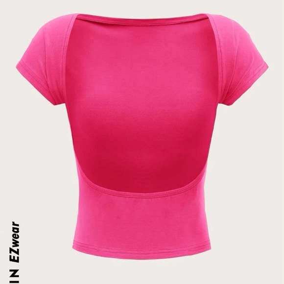 SHEIN EZwear Backless Batwing Sleeve Solid Tee - Hot Pink - Picture 1 of 5